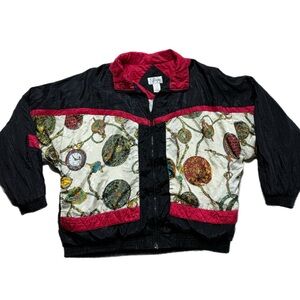 VTG 80s Retro Black Red Clock Paisley Print Windbreaker Track Jacket L